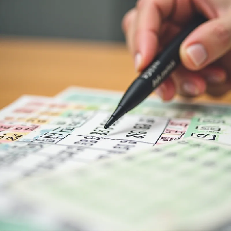 Close-up of lottery tickets and a hand marking numbers with a pen