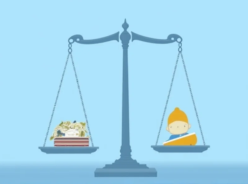 Illustration of a scale, one side representing US aid to Ukraine being weighed against the actual amount of aid given.