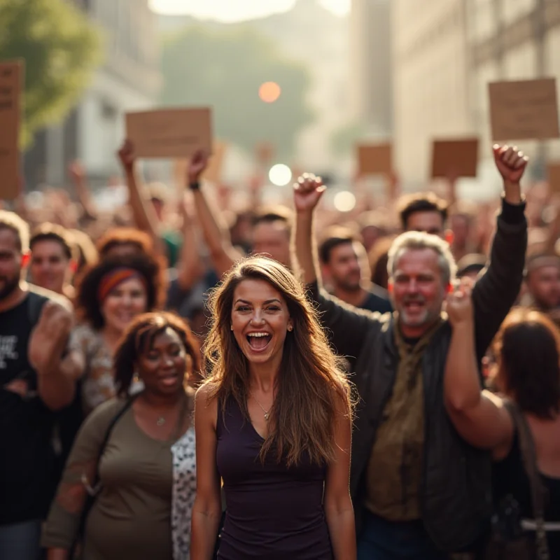 A diverse group of protestors holding signs, with a blurred background to suggest a large demonstration.