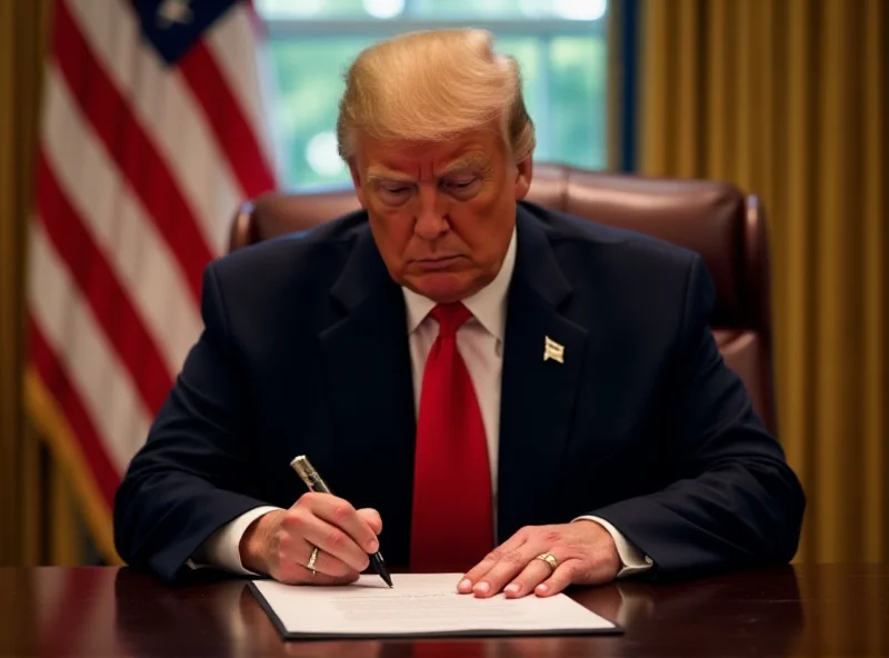 Donald Trump sitting at a desk in the Oval Office signing a document, with an American flag in the background. He looks serious and determined.