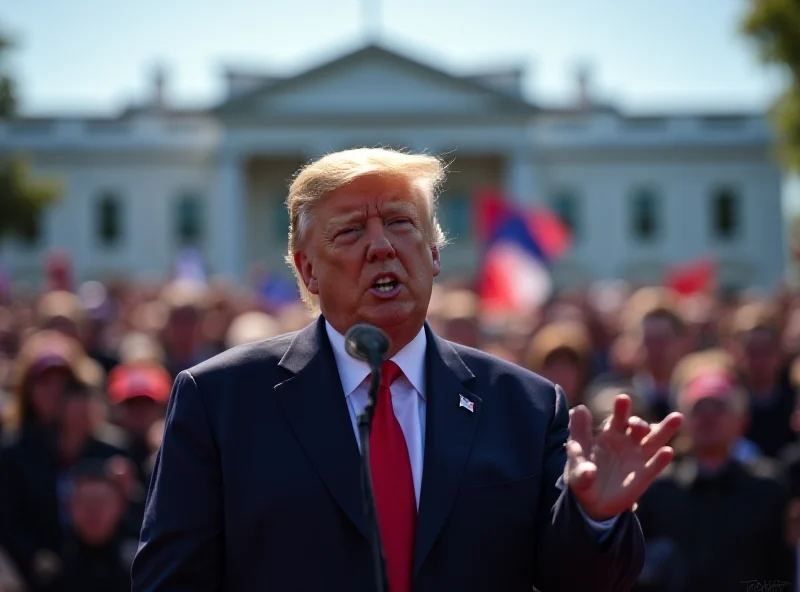 Donald Trump addressing a crowd in front of the White House, with the European flag subtly visible in the background.