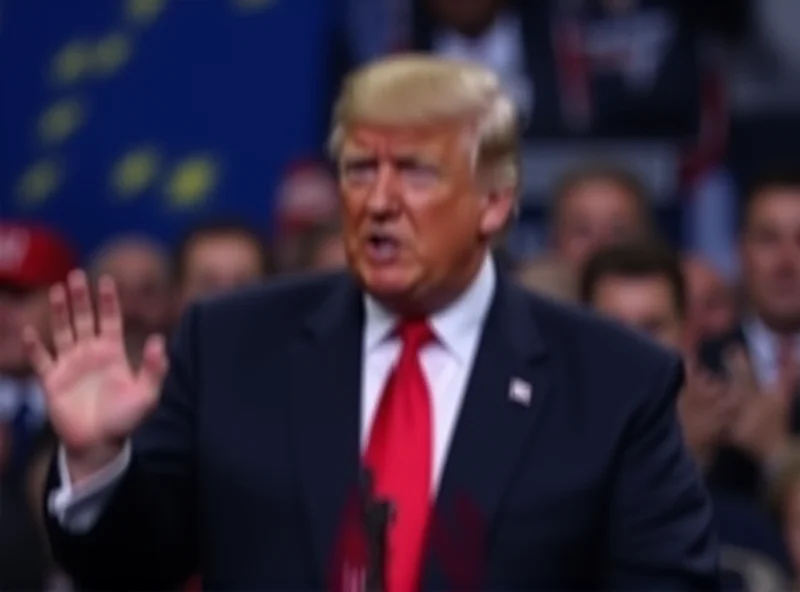 Donald Trump addressing a crowd with EU flag in the background.