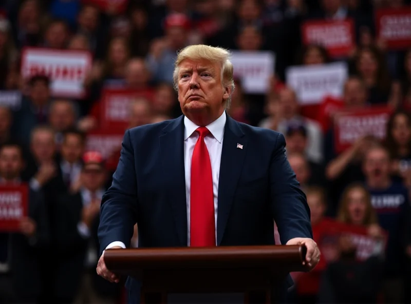 Donald Trump giving a speech to a crowd of supporters.