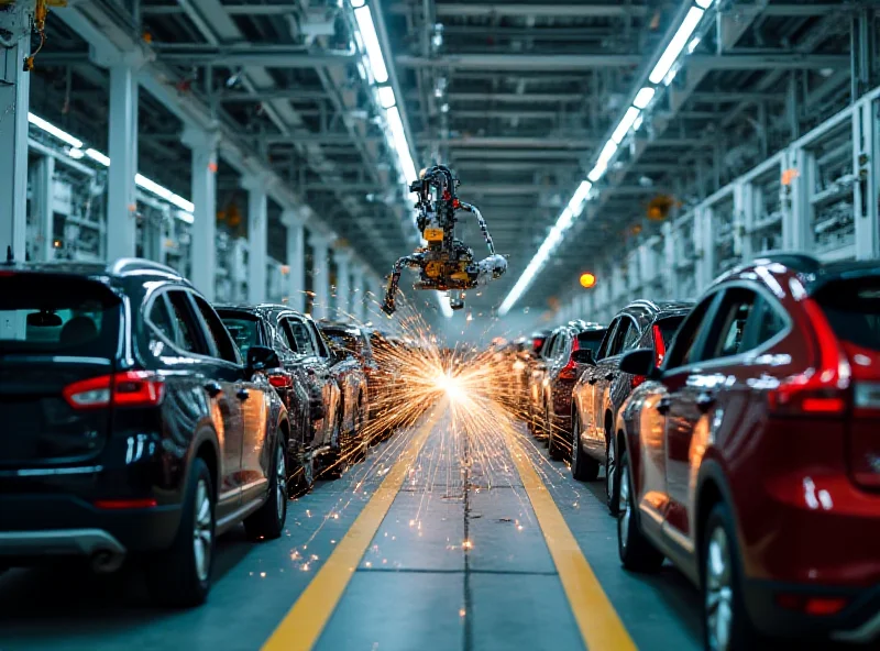 A modern automobile factory with robots assembling cars on an assembly line.