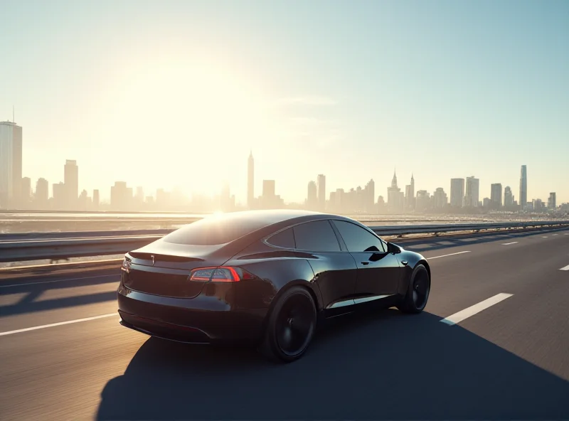 Image of a Tesla car driving on a highway with futuristic city skyline in the background