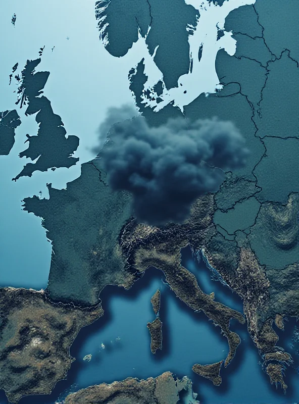 A world map highlighting Ukraine, with a dark cloud hovering over it, symbolizing potential conflict.