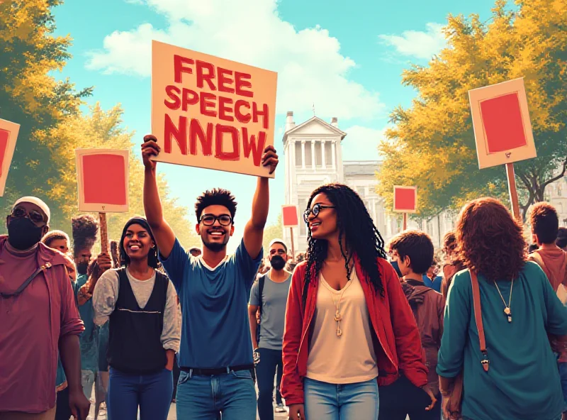 Illustration of a university campus with protesters and a sign that says 'Defend Free Speech'.