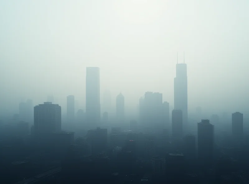 A polluted city skyline with smog in the air. The sky is a hazy grey and the buildings are partially obscured.