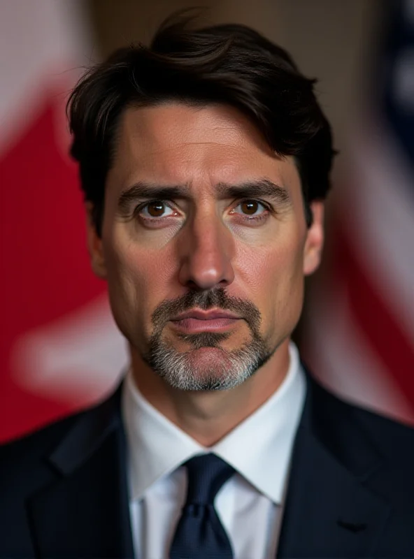 Illustration of Justin Trudeau looking concerned, with the US and Canadian flags blurred in the background.