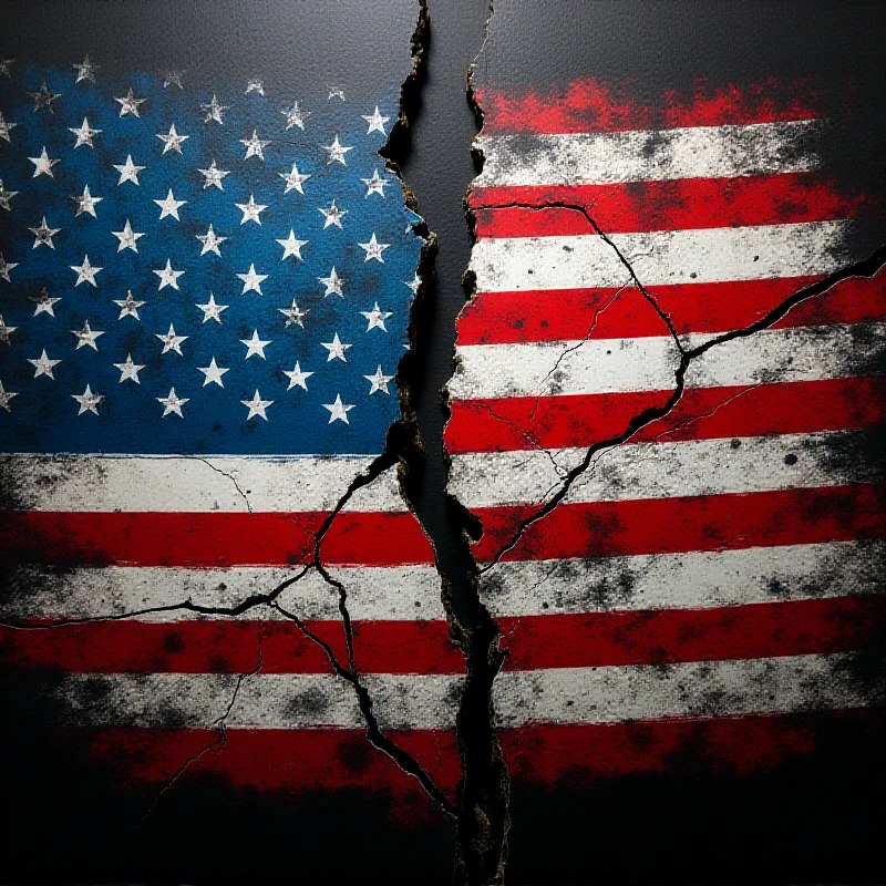 A stylized image of the US flag with cracks appearing across it, symbolizing fractured international relations.