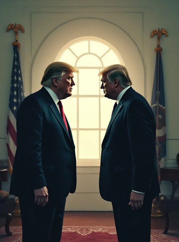 A stylized image of the Oval Office, with two abstract figures facing each other in a confrontational manner.