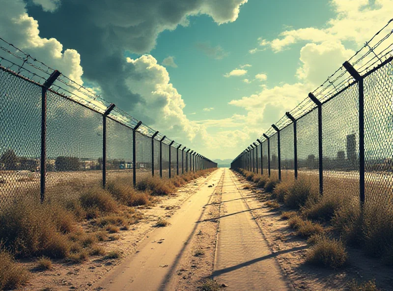 An illustration showing a border fence between the US and Mexico, with dark clouds and economic hardship symbols on the Mexican side.