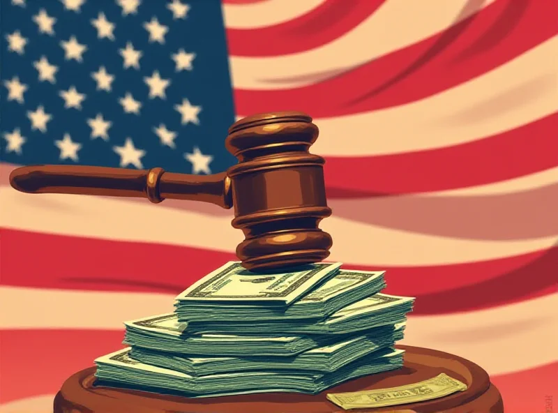 Illustration of a gavel hitting a stack of money with a US flag in the background