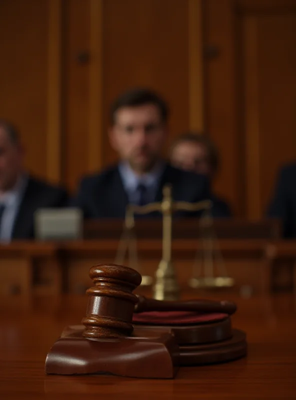Illustration of a courtroom with a judge's gavel and scales of justice