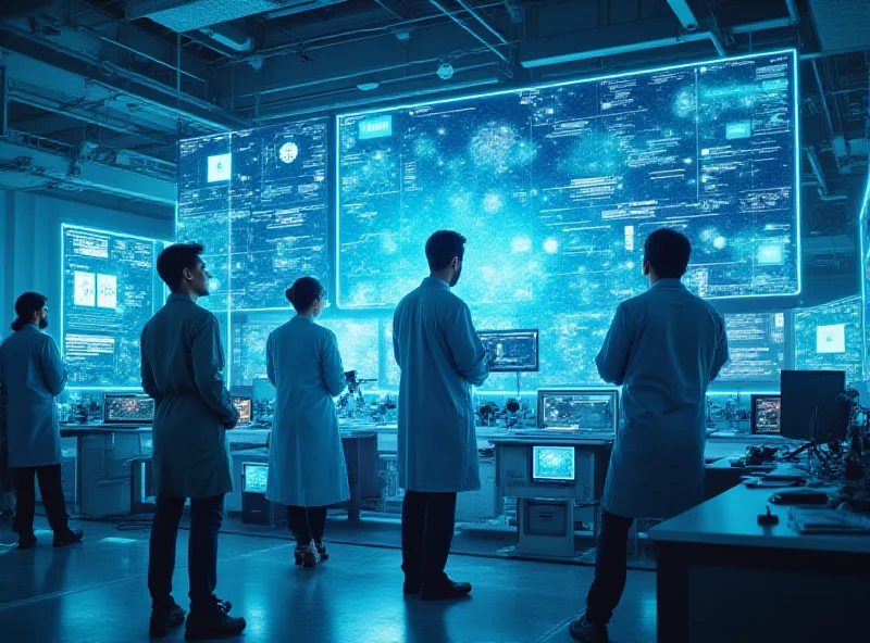 A group of scientists working in a modern AI research lab, analyzing data on holographic displays.