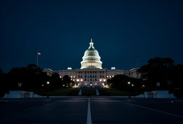 Image of the US Capitol Building at night, bathed in light, symbolizing a presidential address to Congress.