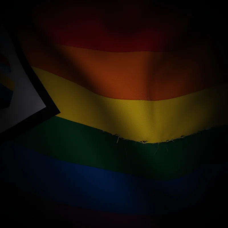 A somber image depicting a rainbow flag partially obscured by shadows, symbolizing the challenges faced by the LGBTQ community in Uganda.