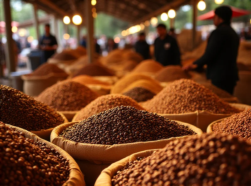 A bustling coffee bean market with sacks of beans and traders in the background.