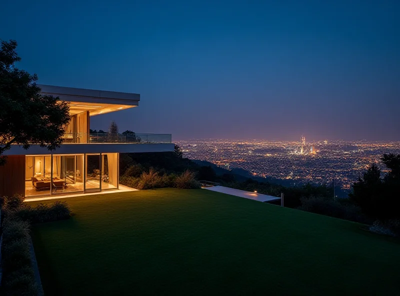 A luxurious modern mansion overlooking a city skyline, symbolizing the high-end real estate market.
