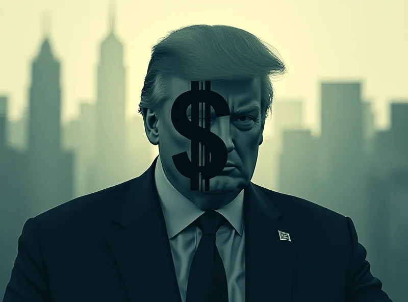 Illustration of a downward trending dollar sign overlaid with a silhouette of Donald Trump.