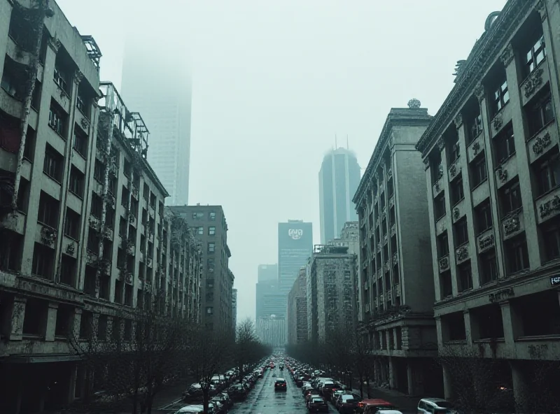 A cityscape with tall commercial buildings, some appearing slightly faded or in disrepair, symbolizing the challenges in the commercial real estate market.