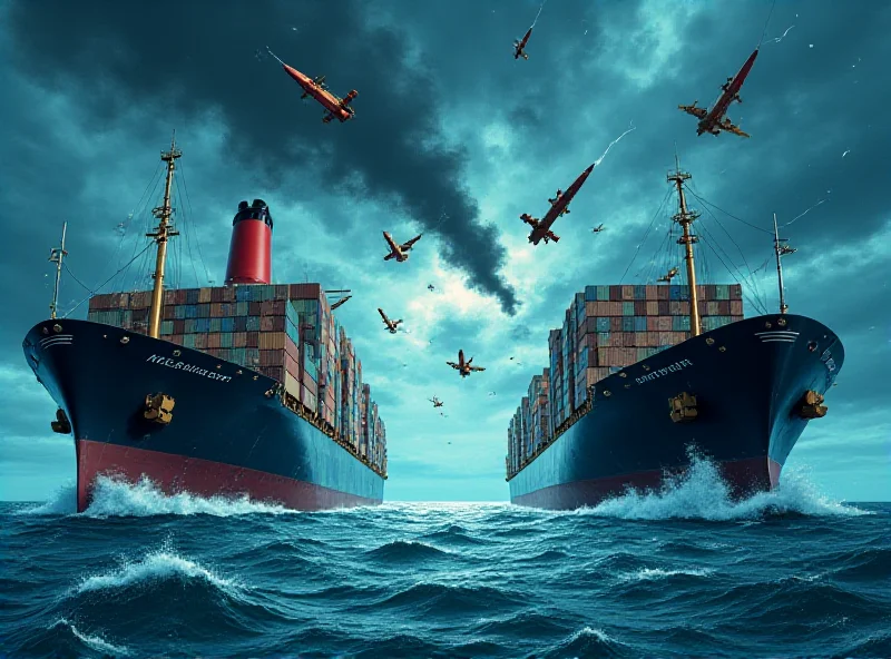 Illustration of a trade war with ships firing tariffs at each other.