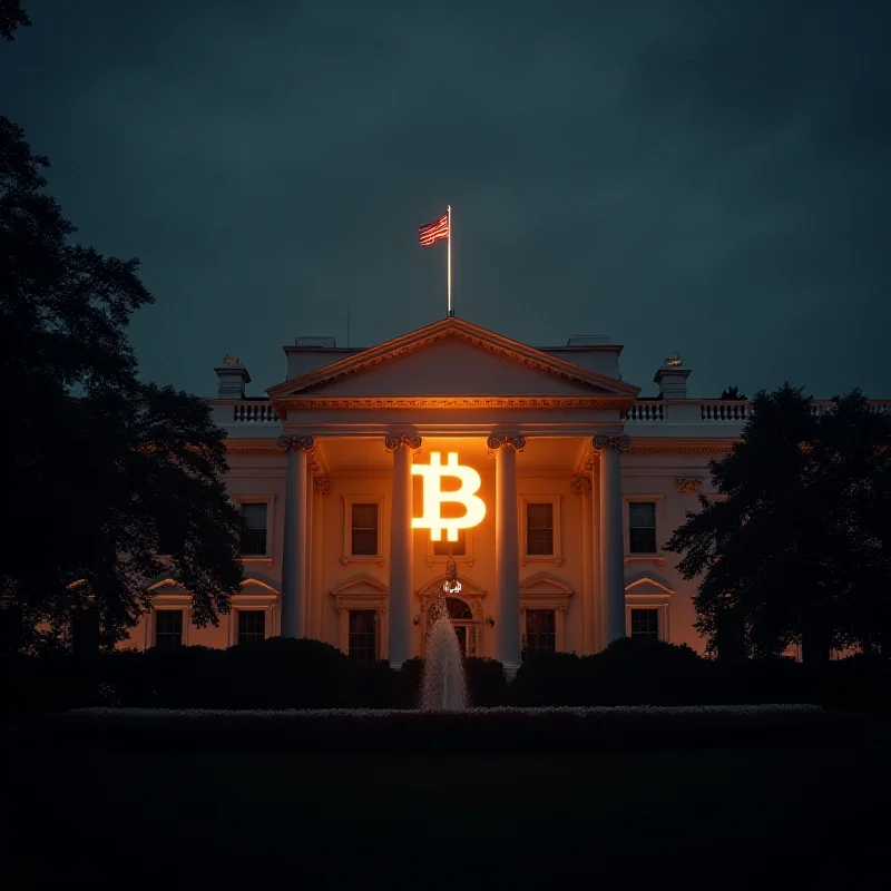 A stylized image of the White House with a Bitcoin symbol subtly overlaid on the facade.