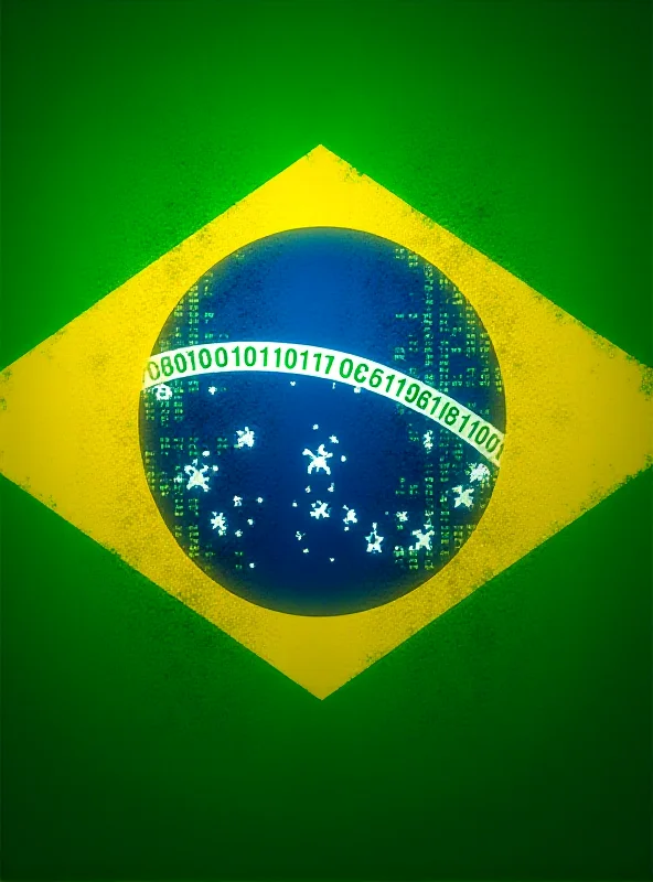 Image of the Brazilian flag with binary code overlayed.