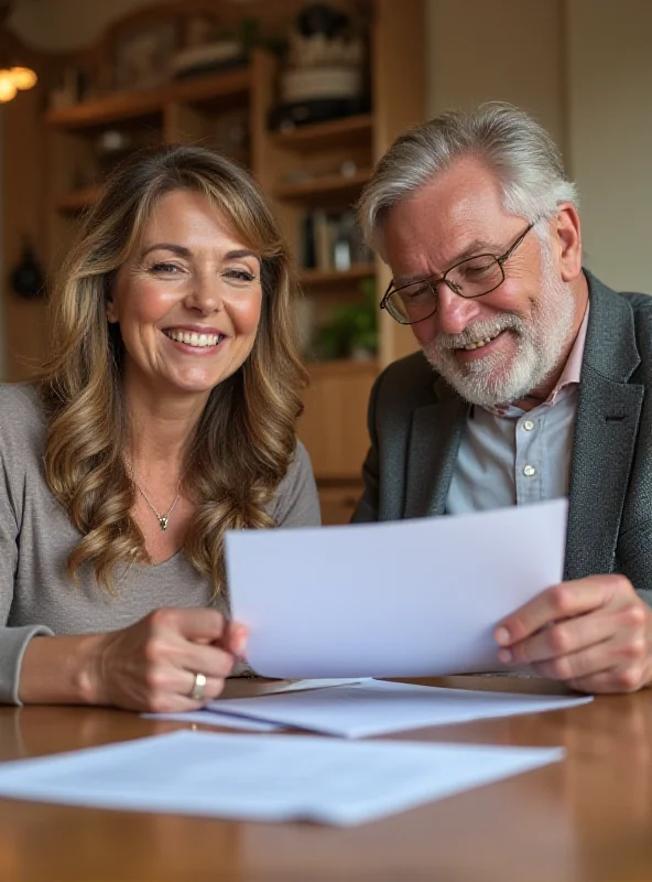 A happy married couple reviewing their financial documents at home.