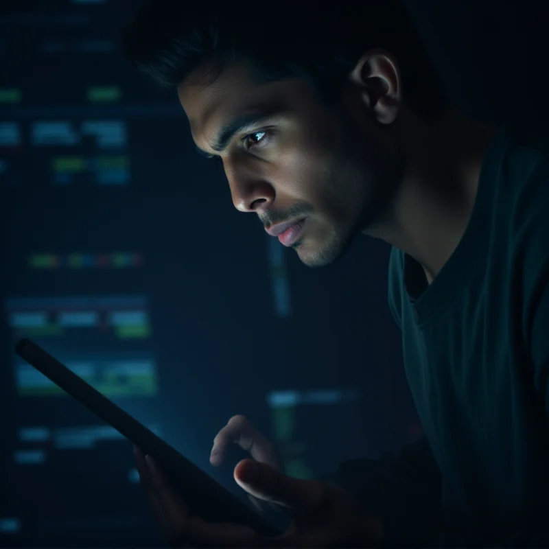 A person reviewing stock market charts on a tablet with a concerned expression.