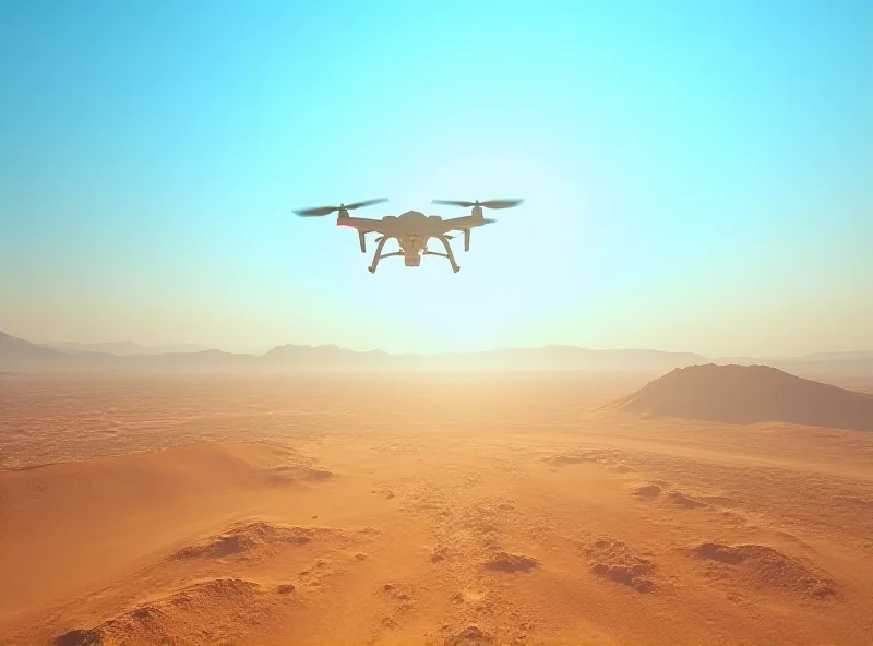 A distant view of a drone flying in a desert landscape.