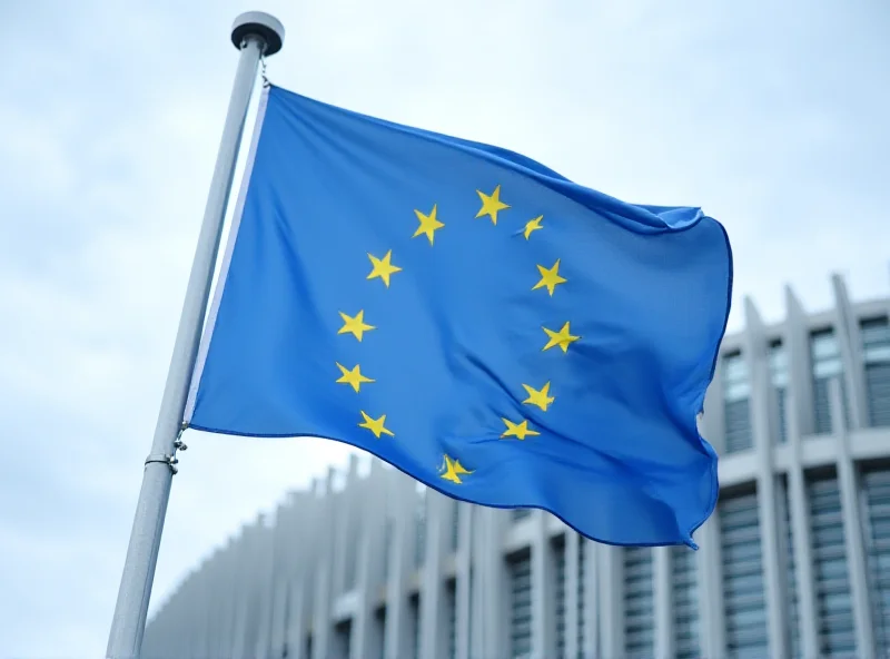 European Union flag waving in front of the European Parliament building in Brussels.