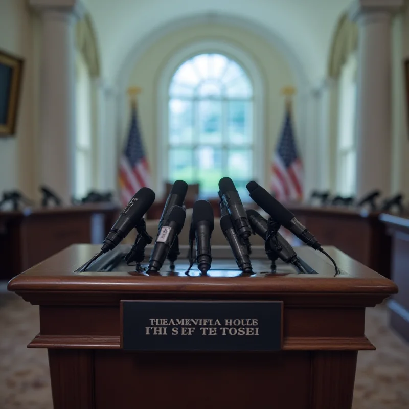 Empty podium with microphones at a White House press briefing room.