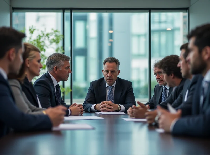 Business executives sitting at a conference table, some looking concerned.