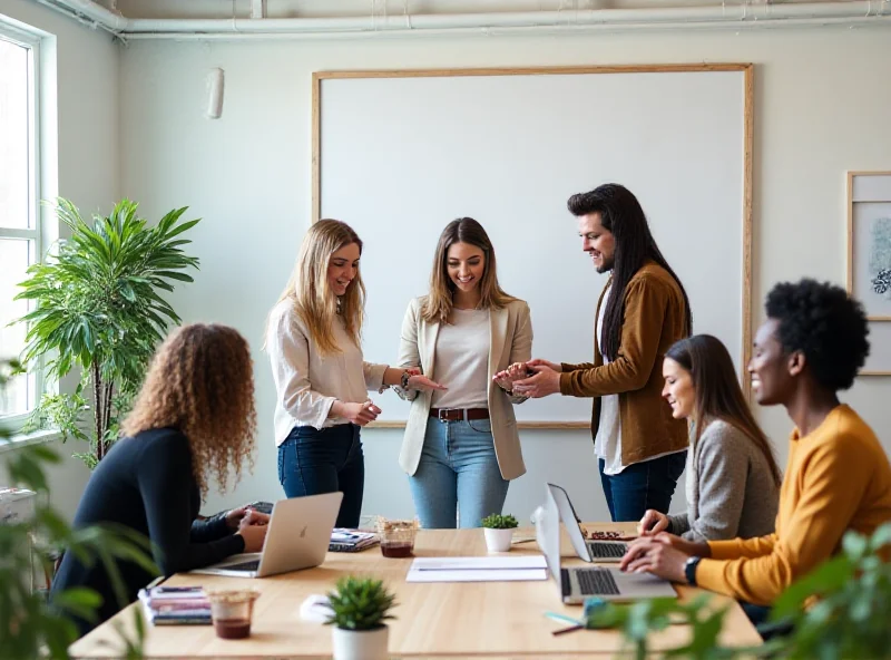 A diverse group of young professionals working together in a modern office space.