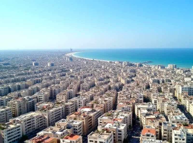 Aerial view of the Gaza Strip, showing densely populated urban areas and the coastline.