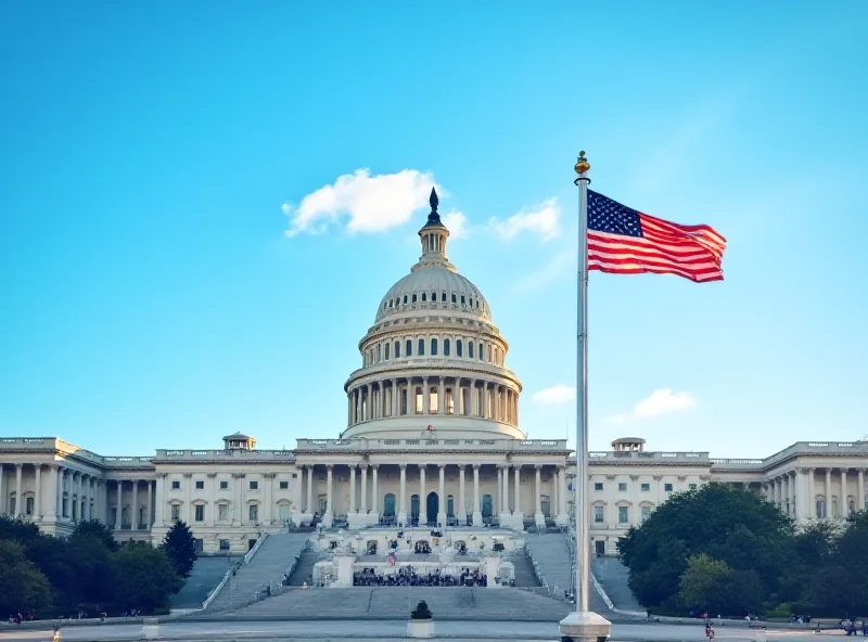 The United States Capitol Building in Washington D.C., with the American flag waving in the foreground.