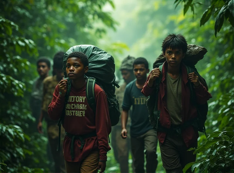 A group of migrants walking through a dense jungle, carrying their belongings.