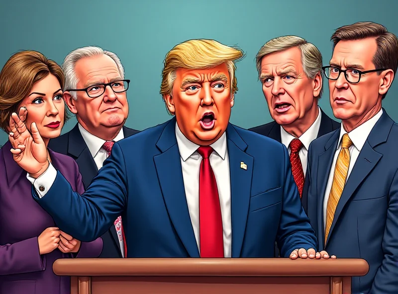 Illustration of Donald Trump speaking at a podium, with a split screen showing reactions from media pundits and politicians.