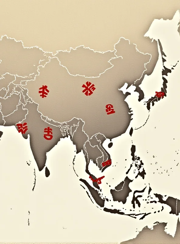 A stylized world map highlighting China, Canada, Mexico, and Southeast Asia with tariff symbols overlaid.