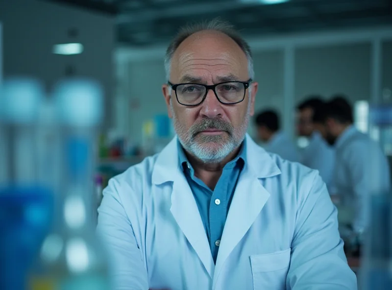 A scientist in a lab coat looking concerned, with a blurred background of lab equipment and test tubes.