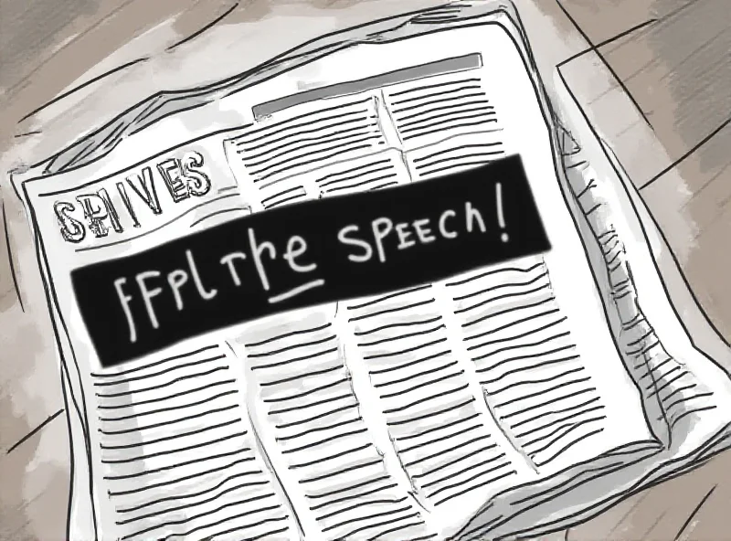 Illustration of a newspaper with a censored headline about free speech, symbolizing censorship allegations at the Washington Post.