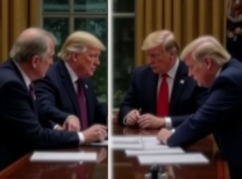 A divided image showing EU leaders meeting on one side and Trump signing a document on the other, symbolizing the complex interplay of domestic and international politics.