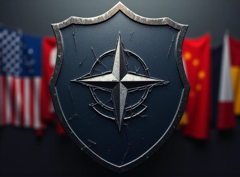 Illustration of a cracked NATO shield with US and European flags behind it.