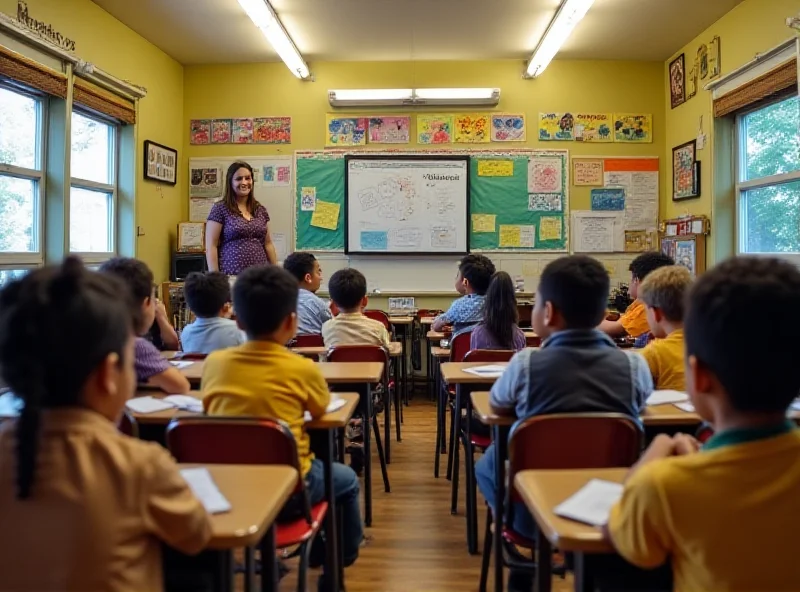 A classroom in a rural school district with a teacher and diverse students.