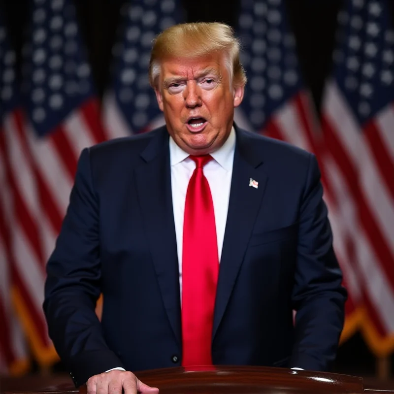 Donald Trump giving a speech at a podium with American flags in the background, looking directly at the camera with a determined expression.