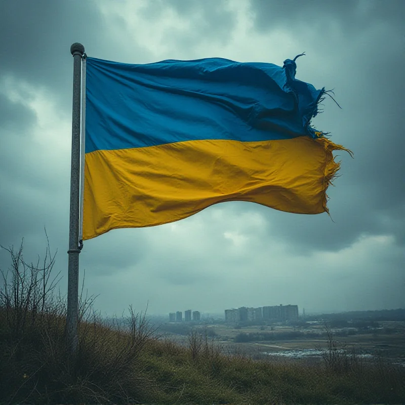 A metaphorical image depicting the challenges faced by Ukraine, represented by a strong wind against the Ukrainian flag.