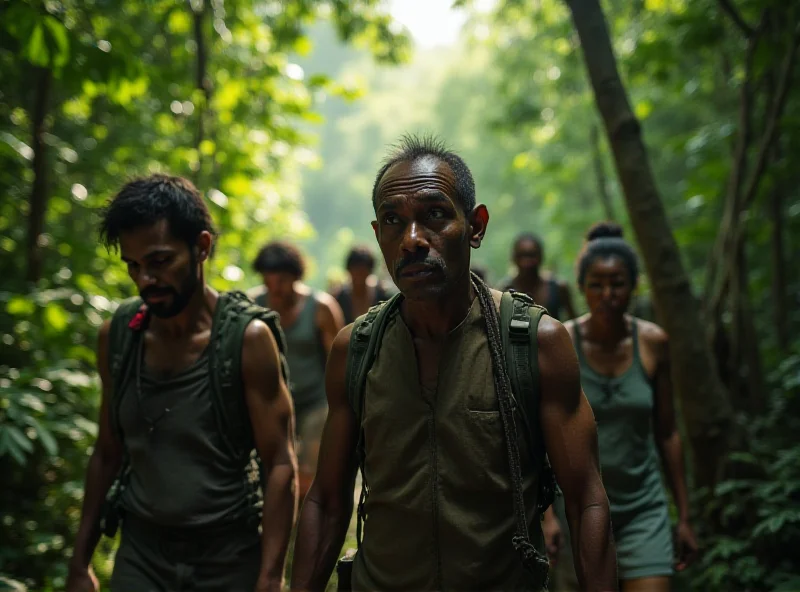 A group of migrants walking through the dense Darién jungle, looking exhausted and determined. The scene is humid and overgrown, with sunlight filtering through the canopy.