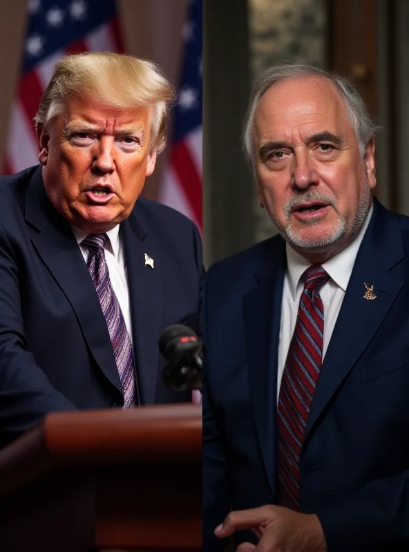 A split image: On the left, a determined-looking Donald Trump at a podium addressing a crowd. On the right, Tom Emmer, looking confident and professional, giving an interview.