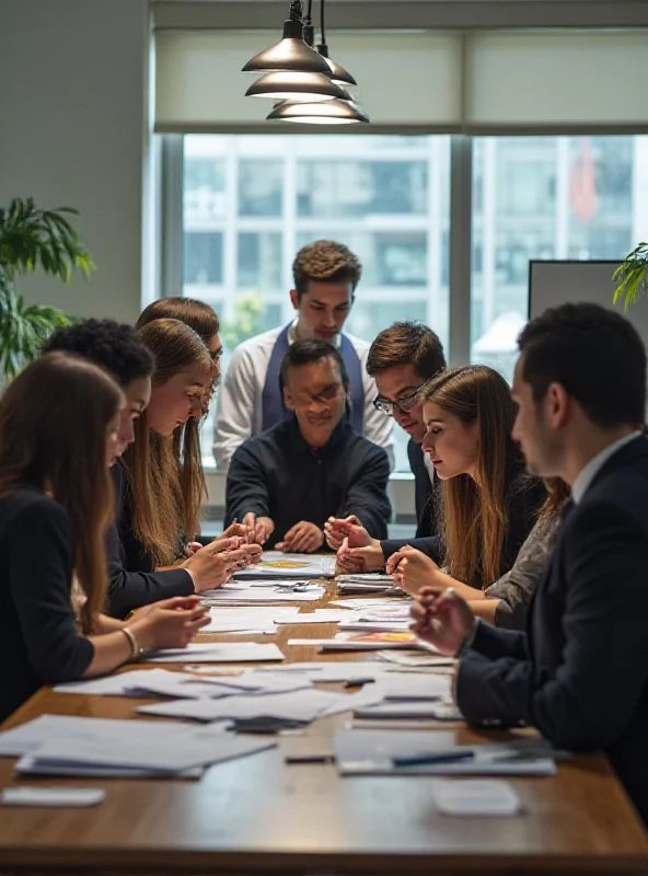 A diverse group of young professionals working in a government office, collaborating on a project.